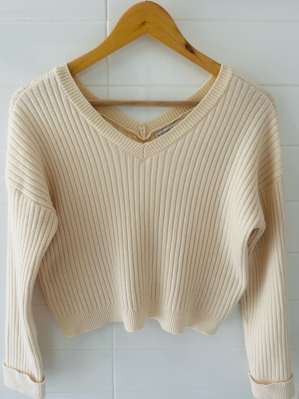 Sincerely Jules Ribbed V-Neck Sweater in Cream